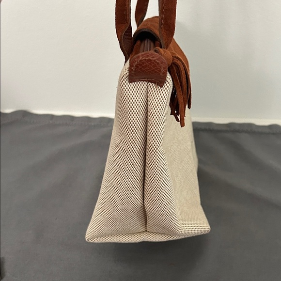 Vintage Longchamp Paris Cream Canvas Tote with Brown Suede Trim and Tassel - Picture 10 of 13